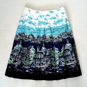 Talbots Women’s Blue White & Green Italian Seascape Motif Midi Pleated Skirt 4/P
